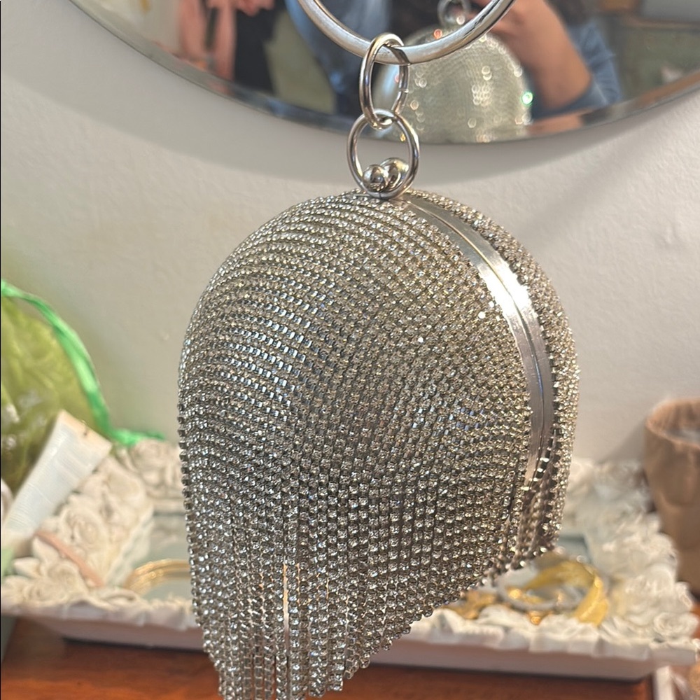 Silver Rhinestone Fringe Clutch